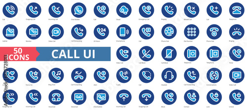 Call UI icon collection set. Containing outgoing, incoming, chat bubble, cloud, emergency, ringing, missed icon. Simple flat vector.