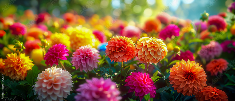 Bright and colorful dahlias in a garden, representing summer beauty and floral display