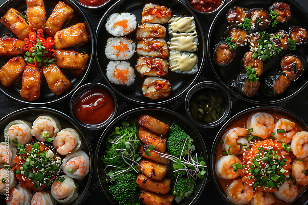 Japanese food composition. Various kinds of sushi placed on black stone board. Spicy kimchi salad, wontong soup, chopsticks and soy souce bowl Japanese food composition. Various kinds of sushi placed on black stone board. Spicy kimchi salad, wontong soup, chopsticks and soy souce bowl
