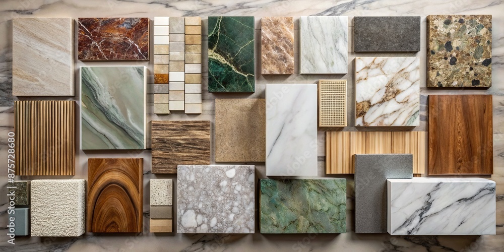Fototapeta premium interior design material sample moodboard with luxury surfaces like marble and wood