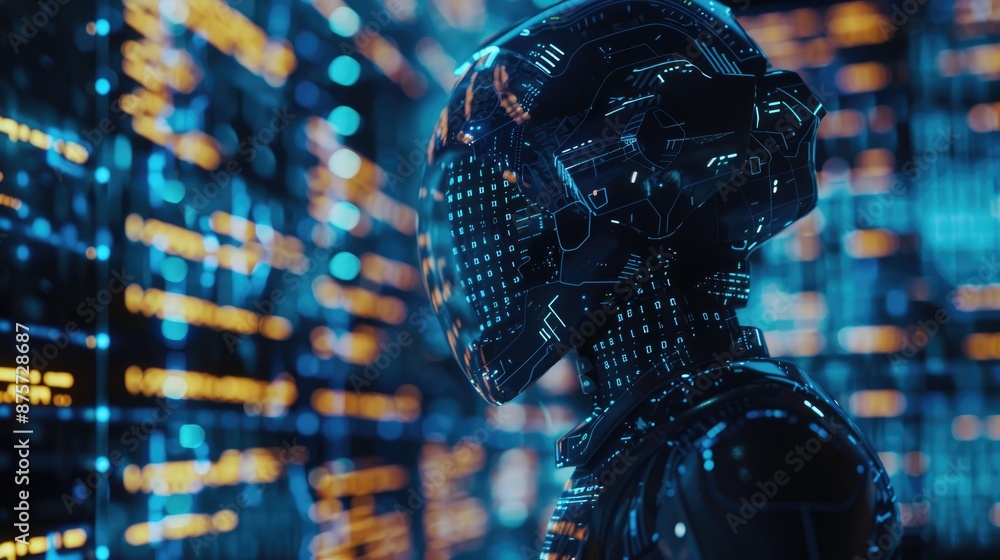 Fototapeta premium Visual representation of a futuristic AI coding agent, with digital code highlighting technological advancements in AI