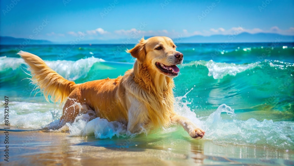 Joyful golden retriever swims and splashes alone in turquoise ocean waves, tail wagging, on a sunny sandy beach shoreline. Joyful golden retriever swims and splashes alone in turquoise ocean waves, tail wagging, on a sunny sandy beach shoreline.