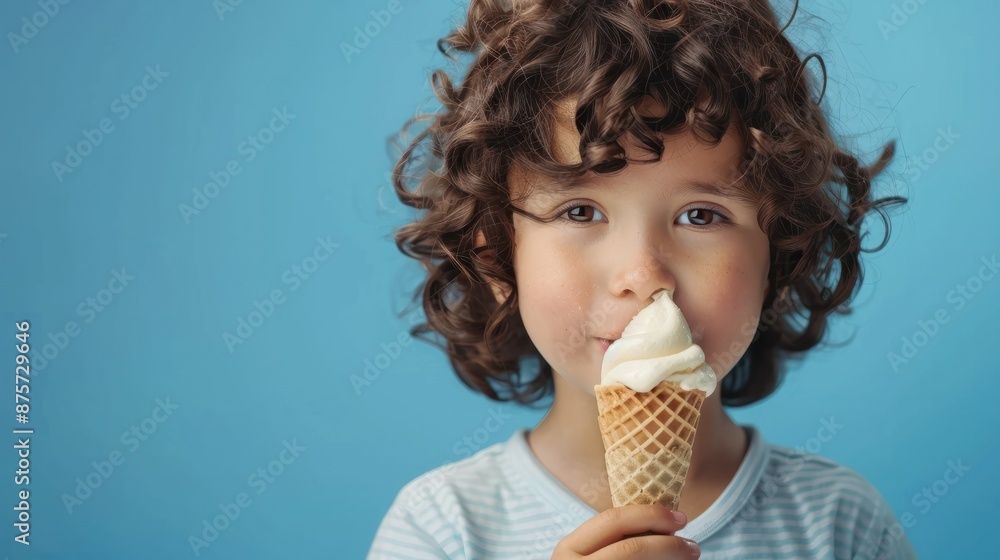 Cheerful kid eating ice cream in waffle cone isolated on blue. Generative AI. Cheerful kid eating ice cream in waffle cone isolated on blue. Generative AI.