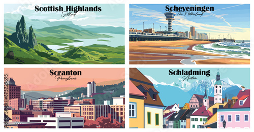 Travel landmarks tourism world famous, Vector illustration. Design for travel wallpaper, flyer or web banner design template. Panorama view. Copy space
