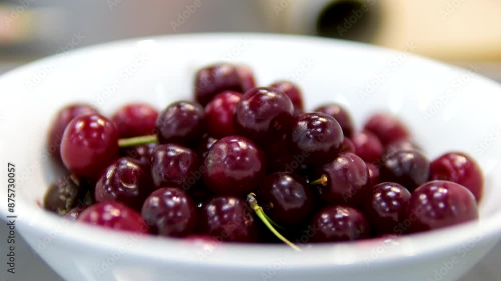 Fresh cherries rotate on a white plate. Juicy fruits against a dark backdrop, macro views. Promoting healthy nutrition and a vegetarian diet. Well-lit, appetizing presentation. Fresh cherries rotate on a white plate. Juicy fruits against a dark backdrop, macro views. Promoting healthy nutrition and a vegetarian diet. Well-lit, appetizing presentation.