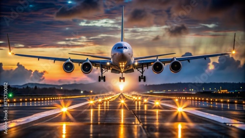 Low angle shot of a commercial aircraft accelerating down a brightly lit runway at dusk with blurred lights and dark sky.