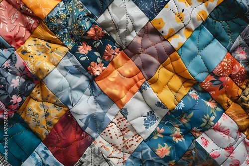 Patchwork texture background illustration, stitched and quilted multi-fabric surface.