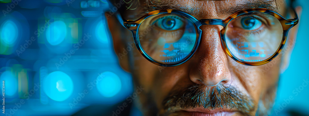 Portrait of a confident man with eyeglasses, working on a computer at night