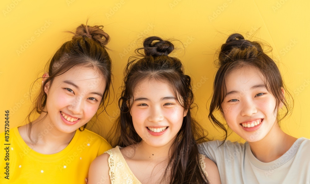 Fashionable beautiful three teenage asian girls on yellow background Fashionable beautiful three teenage asian girls on yellow background