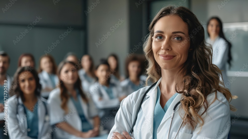 female woman doctor nurse portrait shot smiling cheerful confident standing front row in medical training class or seminar room background,ai generate female woman doctor nurse portrait shot smiling cheerful confident standing front row in medical training class or seminar room background,ai generate