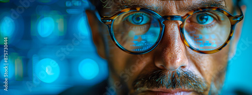 Obraz na płótnie Portrait of a confident man with eyeglasses, working on a computer at night w salonie