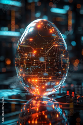 A futuristic, glowing, eggshaped object with circuit patterns on a dark tech background