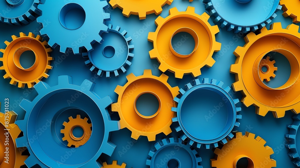 Colorful paper gears, blue and yellow background, abstract and playful Colorful paper gears, blue and yellow background, abstract and playful