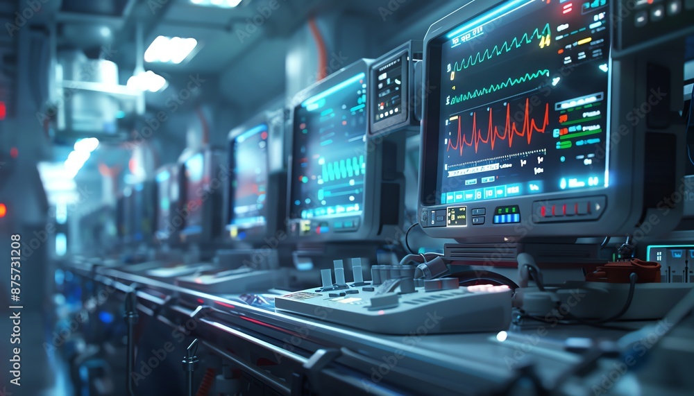 Medical monitors in ICU, vital signs, hightech equipment Medical monitors in ICU, vital signs, hightech equipment