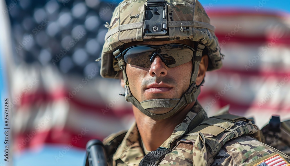 Soldier holding American flag, bright blue sky, strong patriotic symbolism Soldier holding American flag, bright blue sky, strong patriotic symbolism
