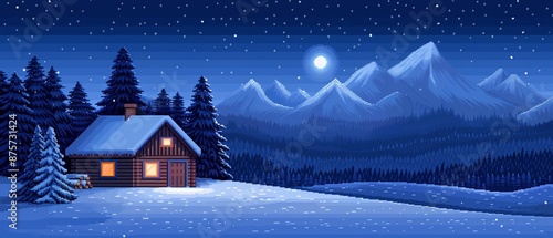 A serene winter wonderland with a cozy cabin and falling snow, pixel art, warm light and frosty surroundings, 8bit, peaceful and inviting