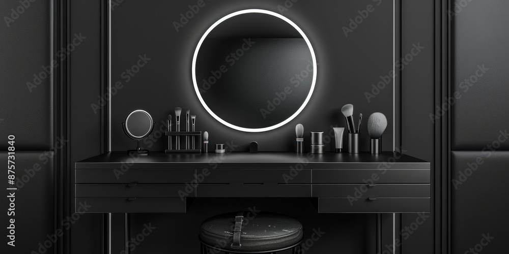Fototapeta premium Black vanity with illuminated mirror