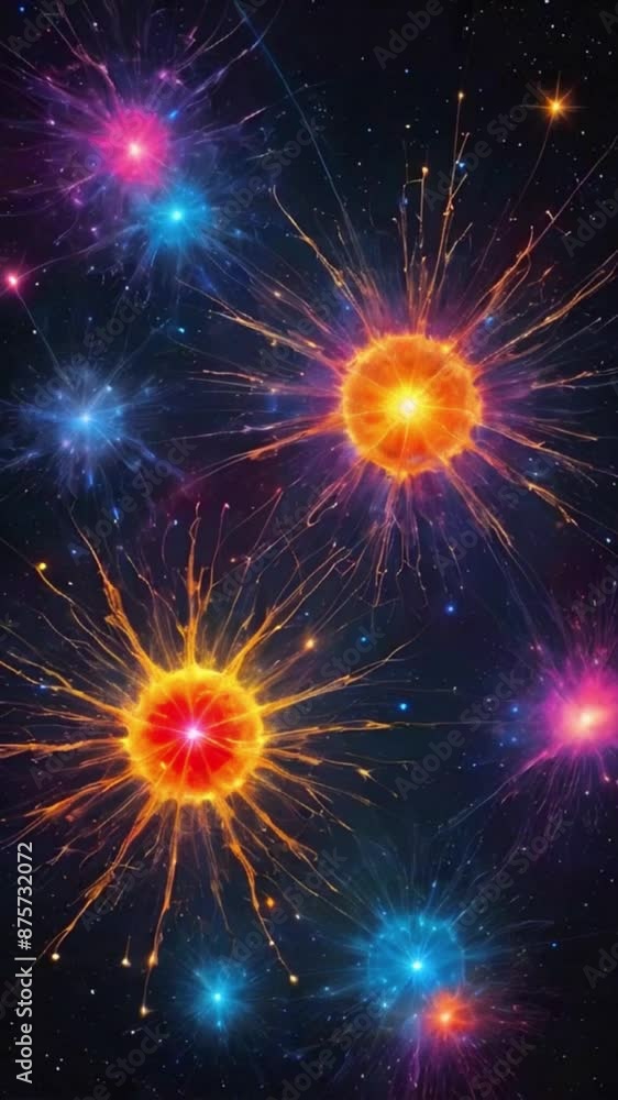 Background with space and massive stars exploding, colorful vibrant supernova explosion in space, fireworks in sky or conceptual brain neural connection atomic particles generative AI Background with space and massive stars exploding, colorful vibrant supernova explosion in space, fireworks in sky or conceptual brain neural connection atomic particles generative AI