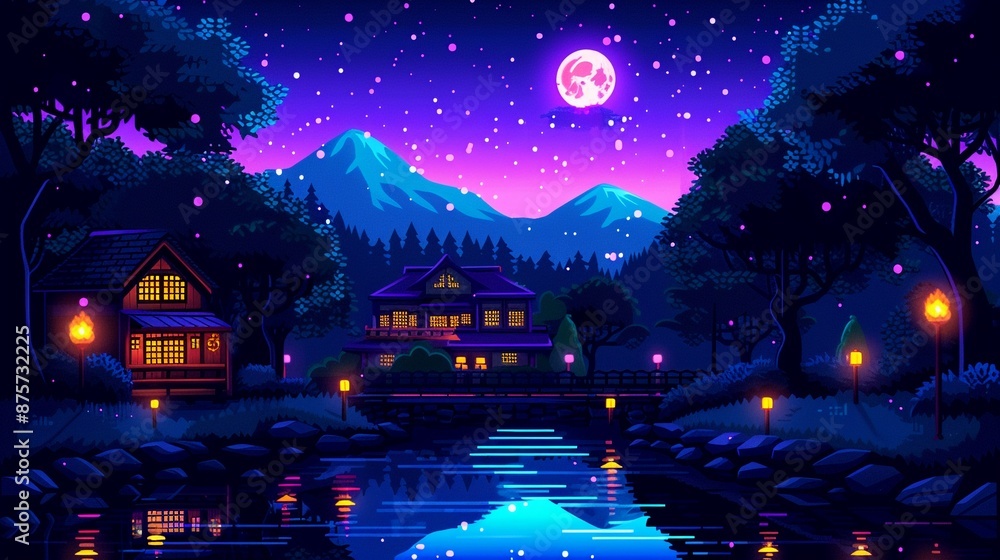 Obraz premium A lively street festival with food stalls and musicians, pixel art, bright colors and dynamic scenes, 8bit, cheerful and bustling