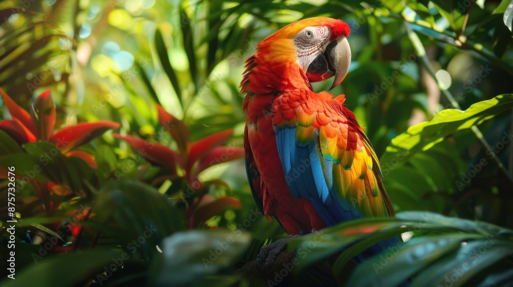 Obraz premium In the lush depths of the tropical jungle, a majestic macaw proudly perches amidst a canopy of vibrant foliage.