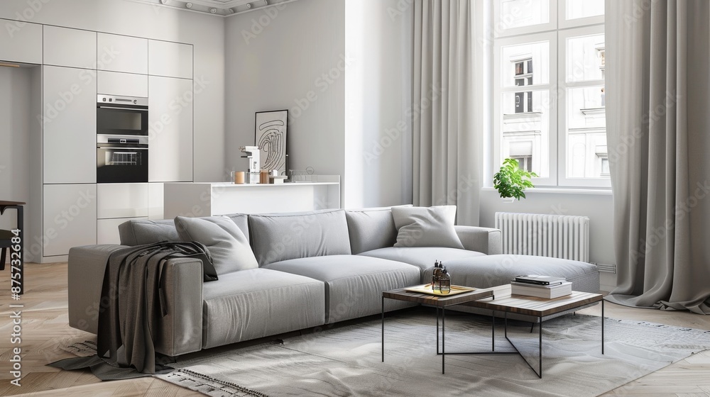 Fototapeta premium Minimalist living room with a small grey sofa and a simple coffee table, serene light grey and white color scheme