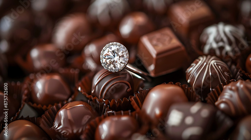 Close up of chocolate candies with a diamond engagement ring on top © Liliya
