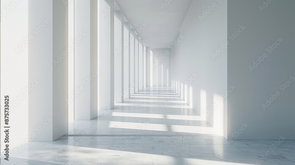 Minimalist white hallway with sunlight casting dramatic shadows, simple and elegant architectural design Minimalist white hallway with sunlight casting dramatic shadows, simple and elegant architectural design