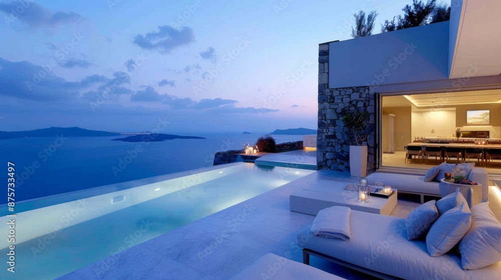 Fototapeta premium Modern outdoor terrace with an infinity pool overlooking the sea, luxurious and open, blending indoor and outdoor living