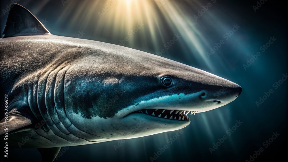 Naklejka premium Dark, mysterious, macro-etched scales of shark skin texture, precisely curved, illuminated by moody light, showcasing photorealistic, minimalist, eerie beauty.