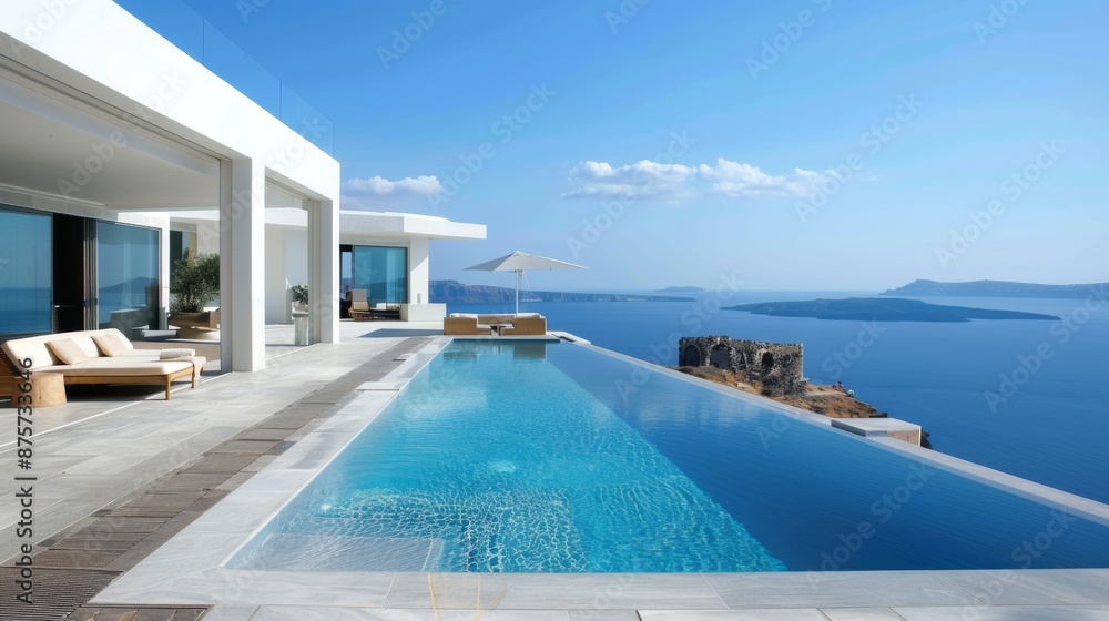 Fototapeta premium Modern outdoor terrace with an infinity pool overlooking the sea, luxurious and open, blending indoor and outdoor living