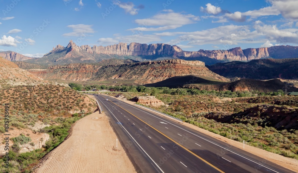 Obraz premium Desert highway heading to Zion National Park. Grafton, Rockville, Utah, United States of America.