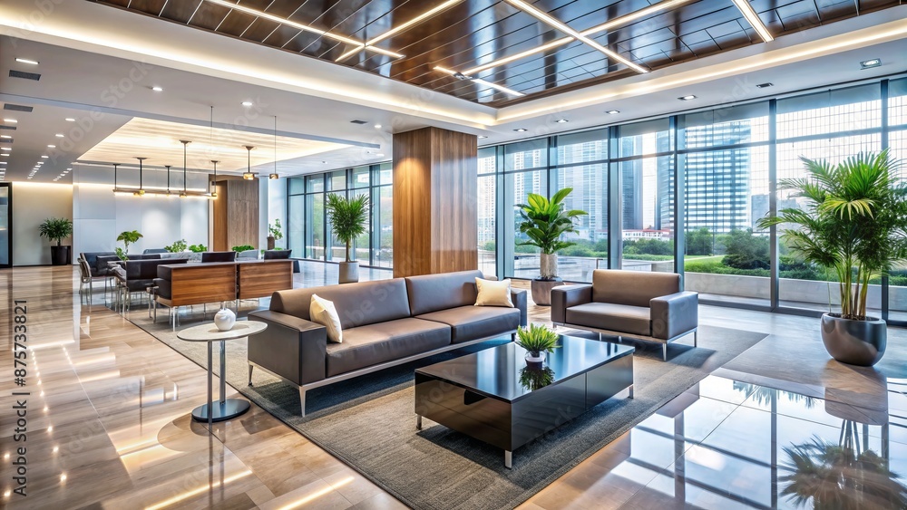 Modern corporate office lobby interior with sleek furniture and blurred background, conveying professionalism and innovation, ideal for business concepts. Modern corporate office lobby interior with sleek furniture and blurred background, conveying professionalism and innovation, ideal for business concepts.
