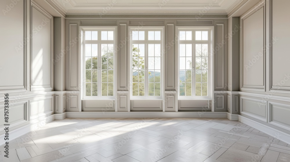 Fototapeta premium Spacious empty room with classic wainscoting and large windows, soft natural light filling the space, tranquil and elegant