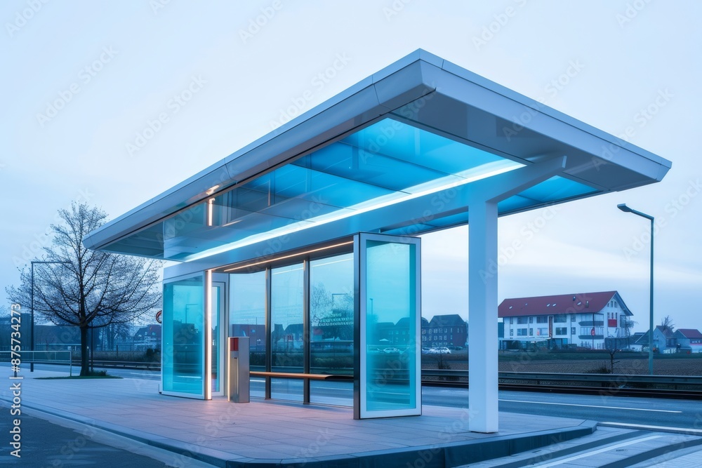 Modern bus stop design with a clean white structure and blue glass panels, functional and contemporary urban infrastructure Modern bus stop design with a clean white structure and blue glass panels, functional and contemporary urban infrastructure