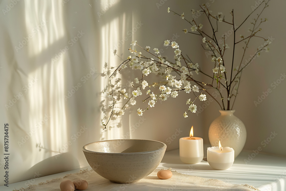Blank round stone podium table, tropical tree branch glass vase, wooden bowl in sunlight on beige brown stucco wall, parquet floor for luxury cosmetic Blank round stone podium table, tropical tree branch glass vase, wooden bowl in sunlight on beige brown stucco wall, parquet floor for luxury cosmetic