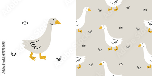 Cute pattern with goose and doodle elements