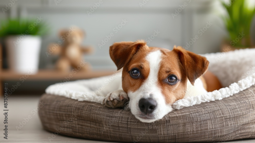 A brown and white dog is laying in a bed A brown and white dog is laying in a bed