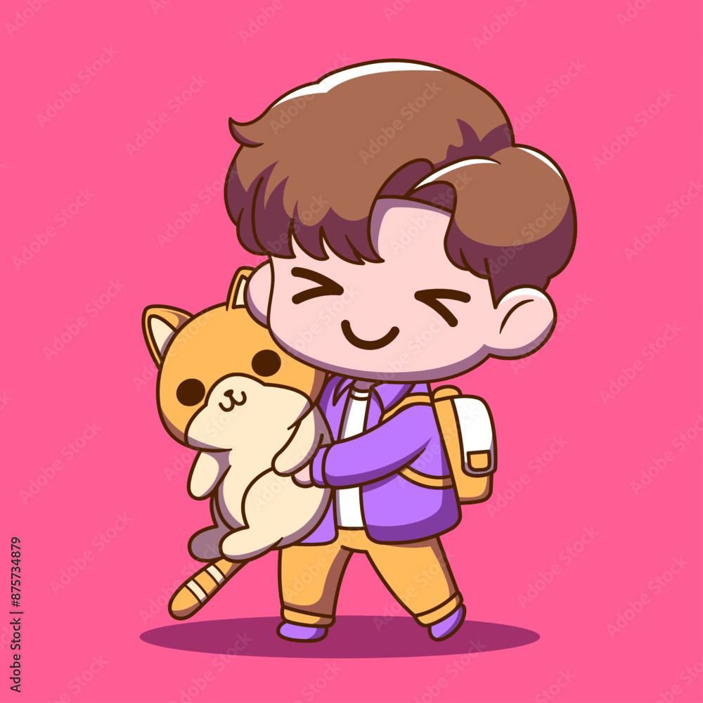 Illustration of a little boy holding his favorite cat and taking it for a walk Illustration of a little boy holding his favorite cat and taking it for a walk