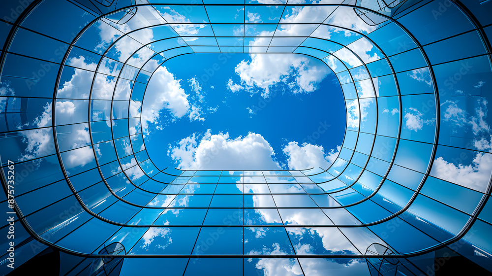 Urban architecture with glass windows reflecting the blue sky, showcasing modern design