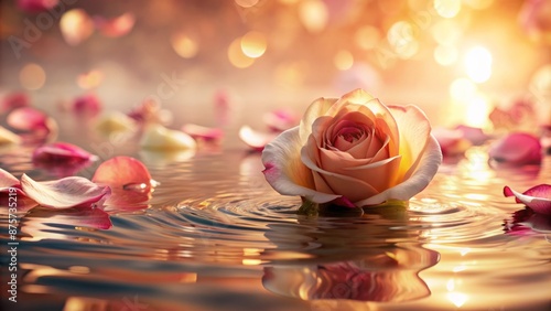 Delicate rose petals gently float on rippled water against a soft, dreamy, warm-toned background with subtle gradient and elegant textures. photo