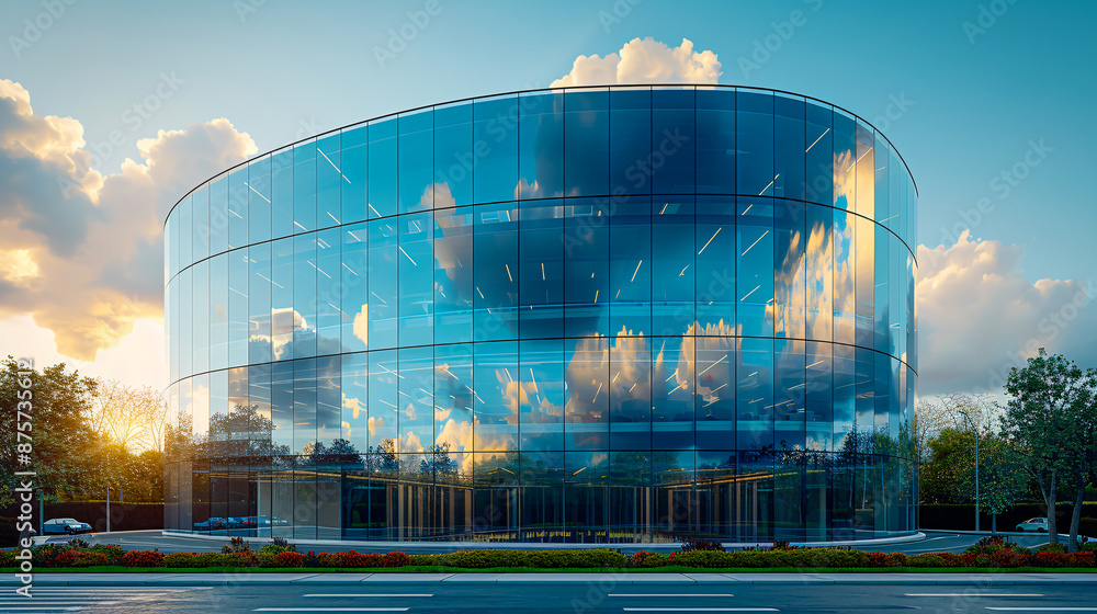 Modern cityscape with reflective glass buildings, representing urban business environment