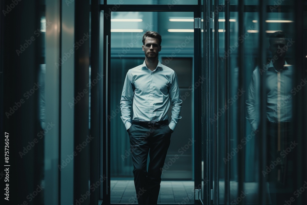 A bearded man in business attire stands confidently in a modern, dimly lit office hallway with reflective glass surfaces. A bearded man in business attire stands confidently in a modern, dimly lit office hallway with reflective glass surfaces.