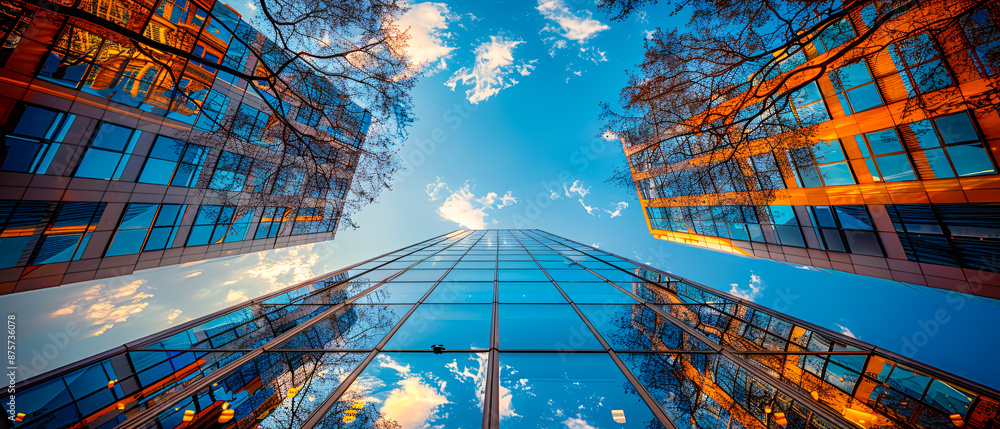 Office skyscrapers with glass facades, representing modern urban business architecture