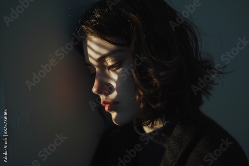 A moody portrait of a young woman in profile, illuminated by dramatic side lighting that casts shadows across her face and hair.