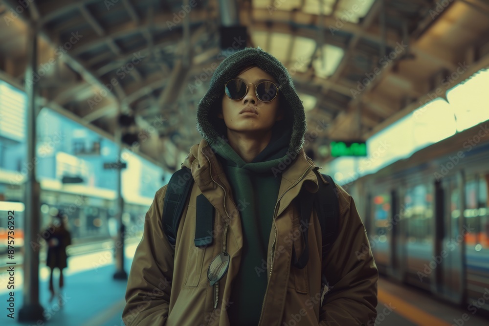 A stylish traveler in a train station, wearing a hooded jacket, sunglasses, and a backpack. The setting has a moody, cinematic atmosphere. A stylish traveler in a train station, wearing a hooded jacket, sunglasses, and a backpack. The setting has a moody, cinematic atmosphere.
