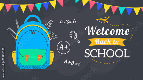 Back to School Concept banner template.  Backpack with Pencil Doodle drawing on Black Chalkboard