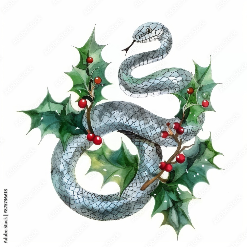 Obraz premium Snake and Holly on a white background. Design for wrapping paper, Happy New Year 2025.