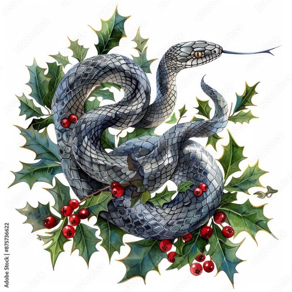 Naklejka premium Snake and Holly on a white background. Design for wrapping paper, Happy New Year 2025.