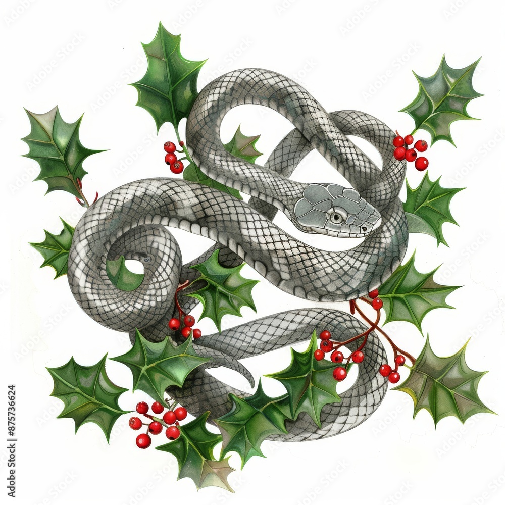 Obraz premium Snake and Holly on a white background. Design for wrapping paper, Happy New Year 2025.