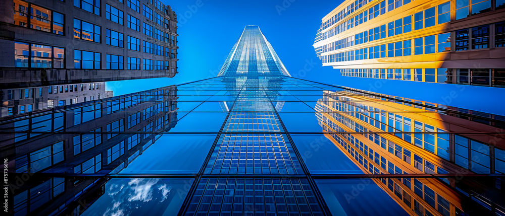 Modern glass skyscrapers reflecting blue sky, showcasing urban architecture and business district